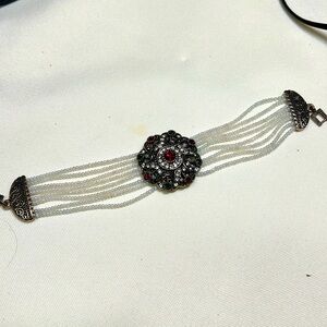 Vintage red & green stone copper gold sterling beaded Turkish hand bracelet #422